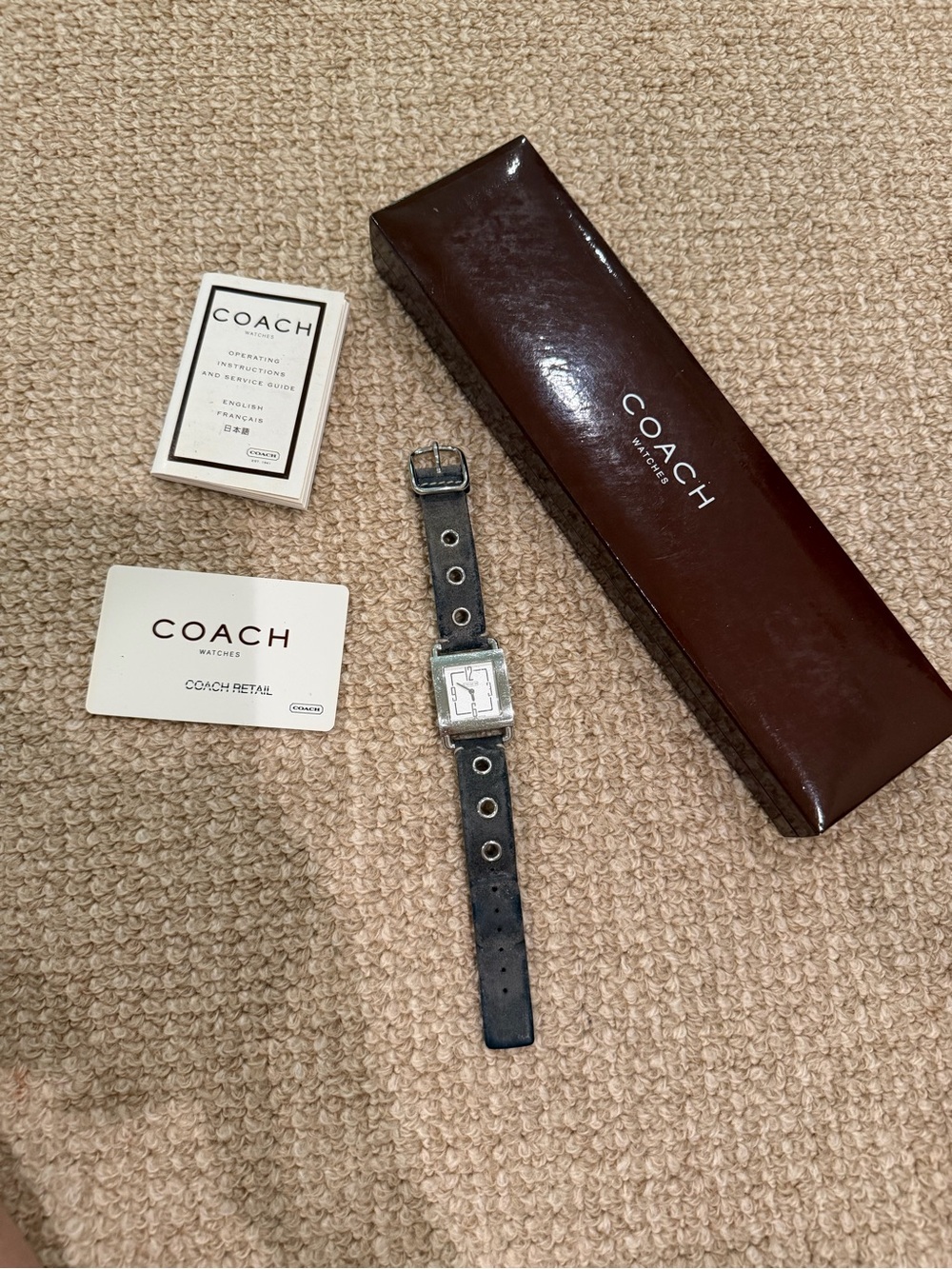Coach Blue Denim Suede Strap Square Silver-Tone Watch